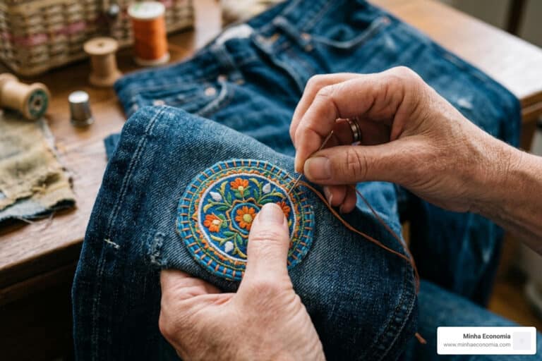 sewing patches on denim